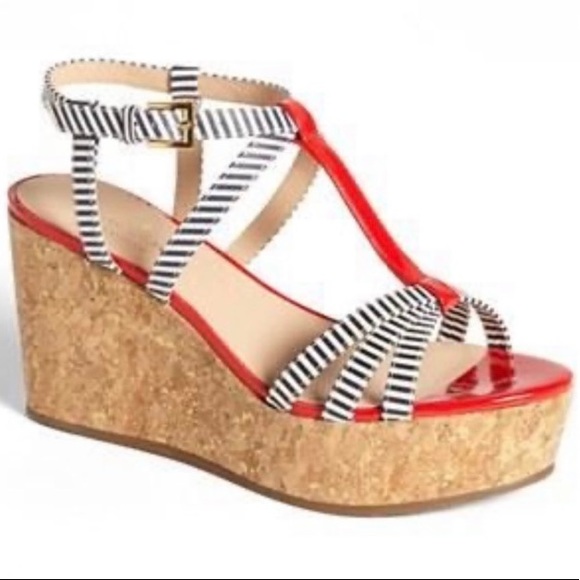 kate spade Shoes - NEW Kate Spade Striped Patent Tropez Cork Wedges 9